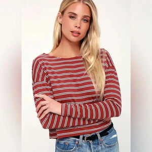 LULU’s City Girl Rust Red Striped Long Sleeve Crop Top